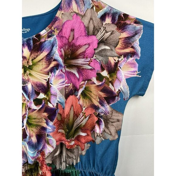 Soft Surroundings Top Blouse L Floral Tropical Colorful Artsy Cap Sleeve Waist - Picture 4 of 7